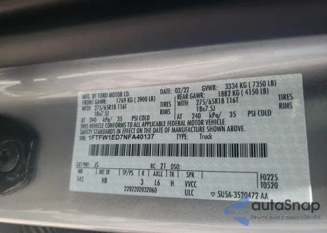 2022 Ford F150 Supercrew из США, поврежденный, VIN 1FTFW1ED7NFA40137